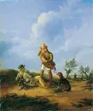Julius Carl Schulz, ZWEI JÄGER MIT HUND., Signiert und datiert unten rechts: J. Schulz f. 34. Öl auf Holz