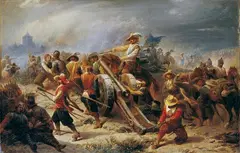 Christian Sell, GEFECHTSSZENE AUS DEM DREISSIGJÄHRIGEN KRIEG., Signiert und datiert unten links: Chr. Sell 1856. Öl auf Leinwand