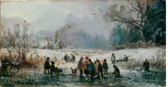 WINTERLANDSCHAFT MIT EISLÄUFERN. by Adolf Stademann, Signiert unten links: Ad. Stademan. Öl auf Holz, sold Nov 2007