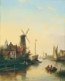 Jan Jacob Coenraad Spohler, FLUSSLANDSCHAFT MIT MÜHLE UND KIRCHTURM., Signiert unten links: JJC Spohler. Öl auf Leinwand
