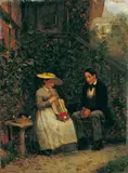 Benjamin Vautier, PAAR IM GARTEN., Signiert unten rechts: B Vautier. Öl auf Holz