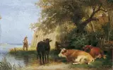 Johann Friedrich Voltz, LANDSCHAFT MIT ANGLER UND KÜHEN., Signiert unten rechts: Fr. Voltz. Öl auf Holz