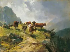 Ludwig Voltz, ALMABTRIEB., Signiert unten links: L. Voltz. Öl auf Holz