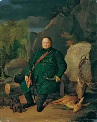 Joseph Weber, DER JÄGER LUDWIG GLOECKLER MIT ERLEGTEM ROTWILD., Signiert und datiert Mitte rechts: J. Weber 1836. Öl auf Leinwand