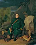 Joseph Weber, DER JÄGER LUDWIG GLOECKLER MIT ERLEGTEM ROTWILD., Signiert und datiert Mitte rechts: J. Weber 1836. Öl auf Leinwand