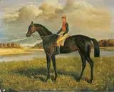 Alfred Wheeler, PFERD MIT JOCKEY., Signiert unten links: A. Wheeler. Öl auf Holz