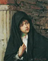 JUNGE FRAU MIT SCHWARZEM UMHANG UND ROSE. by Alessandro Zezzos, Signiert und datiert unten rechts: Zozza V... 1878. Öl auf Holz. (parkettiert), sold Nov 2007