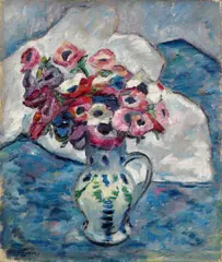 Otto Beyer, Blumenstilleben in weißer bemalter Keramik-Henkelkanne, Öl auf Leinwand