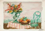 Otto Dix, Stilleben mit Blumen und Früchten auf einem Tisch am See, Aquarell und Pastellkreide über Vorzeichnung in Bleistift (Darstellung ca