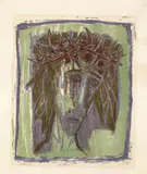Otto Dix, Christus (Kopf, nach rechts blickend, Haare schulterlang, dunkel auf hellem Grund), Original-Farblithographie auf festem glatten gelblichen Papier