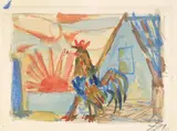 Otto Dix, Hahn vor Sonnenaufgang, Aquarell und Pastellkreide über Vorzeichnung in Bleistift (Darstellung ca