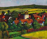 Adolf Erbslöh, Hessisches Dorf (Blick auf Wettesingen), Öl auf Malkarton