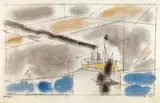 Lyonel Feininger, Ohne Titel (Schiff mit großer Rauchfahne), Aquarell über Kohlezeichnung auf elfenbeinfarbenem Büttenpapier mit Wasserzeichen "MBM"