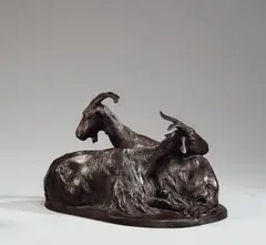 August Gaul, Römische Ziegen, Bronzeplastik. Höhe 27 cm. Auf mitgegossener ovaler Bronzeplinthe (