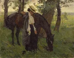 Reiterin mit grasendem Pferd unter Bäumen by Hans von Hayek, Öl auf Leinwand, sold Jun 2007