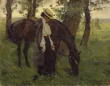 Hans von Hayek, Reiterin mit grasendem Pferd unter Bäumen, Öl auf Leinwand