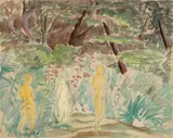 Drei Mädchen by Erich Heckel, Aquarell und schwarze Kreidezeichnung auf schwerem leicht genarbten, bräunlichen Aquarellbütten mit angeschnittener Blin, sold Jun 2007