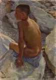 Ludwig von Hofmann, Sitzender Knabe, Rückenakt, Öl auf Leinwand