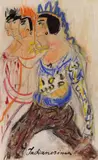 Else Lasker-Schüler, Indianerinnen, Pastell- und Ölkreiden, teils laviert, sowie Tusche über Bleistift auf dünnem glatten, elfenbeinfarbenen Papier