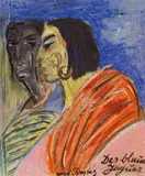 Else Lasker-Schüler, Der blaue Jaguar und Freytag, Pastell- und Ölkreiden sowie Tusche auf elfenbeinfarbenem gerippten Zeichenpapier (aus einem Skizzenblock, mit Perforation am oberen Rand)