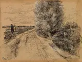Max Liebermann, Baumbestandene Straße (vermutlich Holland), Kohlezeichnung, mit weißer Kreide gehöht, auf elfenbeinfarbenem Zeichenpapier