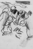 August Macke, Fischmarkt, Kohlezeichnung auf chamoisfarbenem Skizzenblockpapier mit perforiertem Oberrand