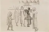 August Macke, Marktszene, Kreidezeichnung, gewischt, auf einfachem chamoisfarbenen Skizzenbuchblatt
