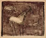 Drei Pferde by Ewald Mataré, Original-Farbholzschnitt in Schwarz und Dunkelbraun, die Stöcke monotypieartig eingefärbt, auf Bütten, sold Jun 2007
