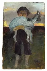 Junge mit Ziege by Paula Modersohn-Becker, Öl auf Malkarton, sold Jun 2007