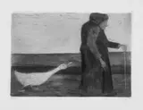 Paula Modersohn-Becker, Die Frau mit der Gans, Original-Radierung (Ätzung, Aquatinta, Roulette) in Grünschwarz auf gelblichem Velin