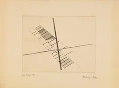 László Moholy-Nagy, Komposition sich schneidender Diagonalen, Original-Radierung auf gelblichem Bütten 15 y 19,7 xm (