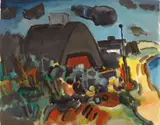 Ernst Mollenhauer, Friesenhaus am Watt, Öl auf handgeschöpftem Papier mit Wasserzeichen