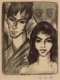 Otto Mueller, Selbstbildnis mit Modell und Maske (Paar mit Maske), Original-Lithographie auf glattem Papier
