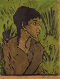 Otto Mueller, Zigeunerin im Profil, Original-Farblithographie, mit grüner und brauner Aquarellfarbe sowie mit schwarzer Kreide überabeitet, auf gelbem Papier