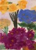 Blumenstilleben (Blaue, dunkelrote und gelbe Blüten) by Emil Nolde, Aquarell auf dünnem Japanpapier, sold Jun 2007
