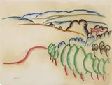 Walter Ophey, Ohne Titel (Hügellandschaft mit Häusern im Hintergrund), Farbkreidezeichnung auf dünnem glatten Papier