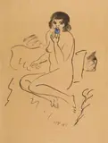 Max Pechstein, Mädchen mit blauer Frucht, Tuschezeichnung, leicht laviert und aquarelliert, auf bräunlichem dünnen Reispapier