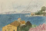 Korfu, Landschaft mit Café by Max Peiffer Watenphul, Aquarell und Bleistift auf chamoisfarbenem genarbten Bütten, sold Jun 2007