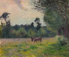 Camille Pissarro, Vaches dans un pré, soleil couchant, Öl auf Leinwand, doubliert