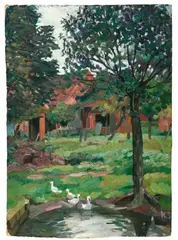 Gehöft mit Gänsen by Kurt Schwitters, Öl auf Karton, sold Jun 2007