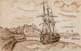 Paul Signac, Baie de Paimpol à marée basse, Tuschezeichnung in Braun über schwarzer Kreide auf dünnem Büttenpapier mit Wasserzeichen "RIVES"