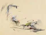 Peter Brüning, Ohne Titel, Tusche und Farbkreiden auf Velin (rechte Kante perforiert)