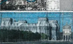 Christo, Wrapped Reichstag # 53, 2-teilige Arbeit: Wachskreide, Bleistift, Kohle sowie bedruckte Papier- und Stoffcollage auf festem Karton, auf Holz aufgezogen sowie einzeln unter Plexiglas gerahmt