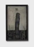 Maskuline Legende II by Karl Fred Dahmen, Collage aus Metall, Leder, Nägeln, Haaren, Leinen und Sand in Objektkasten, sold Jun 2007