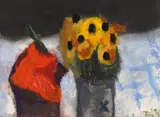 Klaus Fußmann, Ohne Titel (Roter Mohn und gelbe Blüten), Gouache und Pastellkreide auf handgeschöpftem festen Bütten