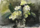 Ohne Titel (Blumenstilleben) by Klaus Fußmann, Aquarell und Tusche auf chamoisfarbenem Bütten mit perforiertem Oberrand, sold Jun 2007