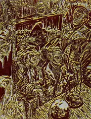 Jörg Immendorff, 3. Oktober 90, Linolschnitt über bemalter Leinwand