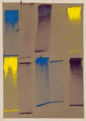 Ingo Meller, Ohne Titel, Öl auf grober ungebleichter Leinwand 69,7 49,8 cm. Rückseitig oben in der Mitte mit schwarzem Filzschreiber signiert, datiert und beschriftet Cölinblau hell, Gamblin / Winsorzitron, Winsor & Newton 171 / Manganviolett, Gamblin / Ingo Meller 2000 sowie numeriert 4. Lose in einer vom Künstler angefertigten Halbleinenmappe