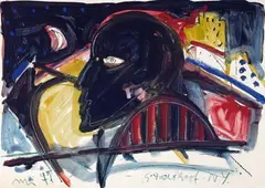 Stadtkopf N.Y by Helmut Middendorf, Gouache und Farbkreide auf Karton mit unregelmäßig verlaufendem linken Rand, sold Jun 2007