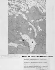 Project for Frozen Lake - Aroostook Co. Maine by Dennis Oppenheim, Farbstift über topographischer Landkarte, schreibmaschinengeschriebener Text, Bleistift und Letraset-Buchstaben collagie, sold Jun 2007